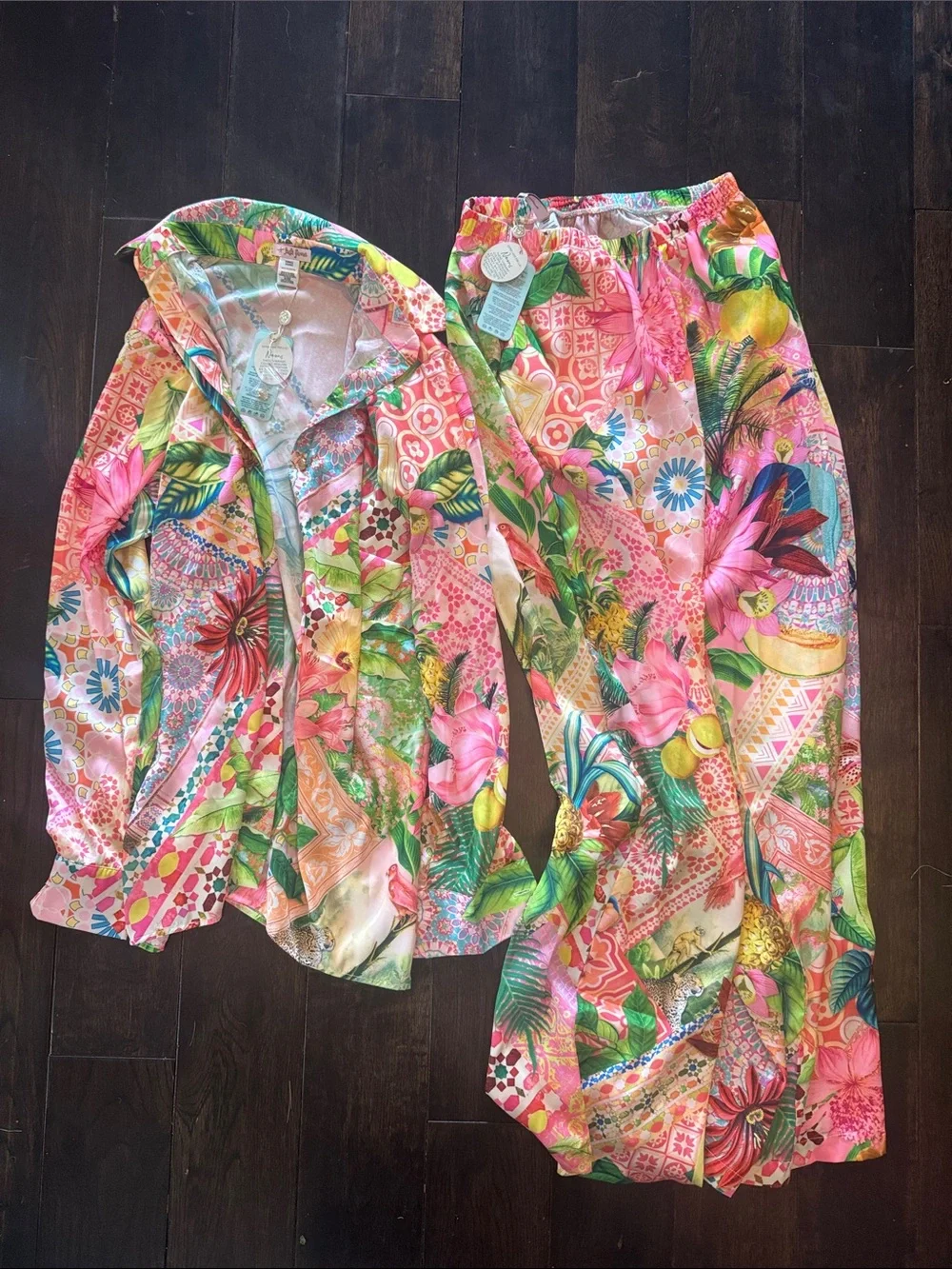 Luli Fama Tropical Floral Pink Green Multicolor Jacket & Pants Set